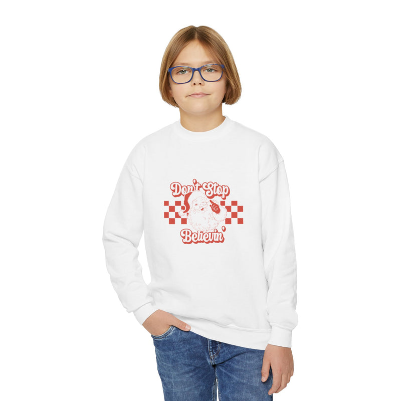 Youth Crewneck Sweatshirt - Don't Stop Believin' Santa Claus Christmas tshirt, Festive, Holiday