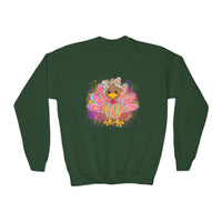 Youth Thanksgiving Crewneck Sweatshirt with Colorful Turkey Design Gildan