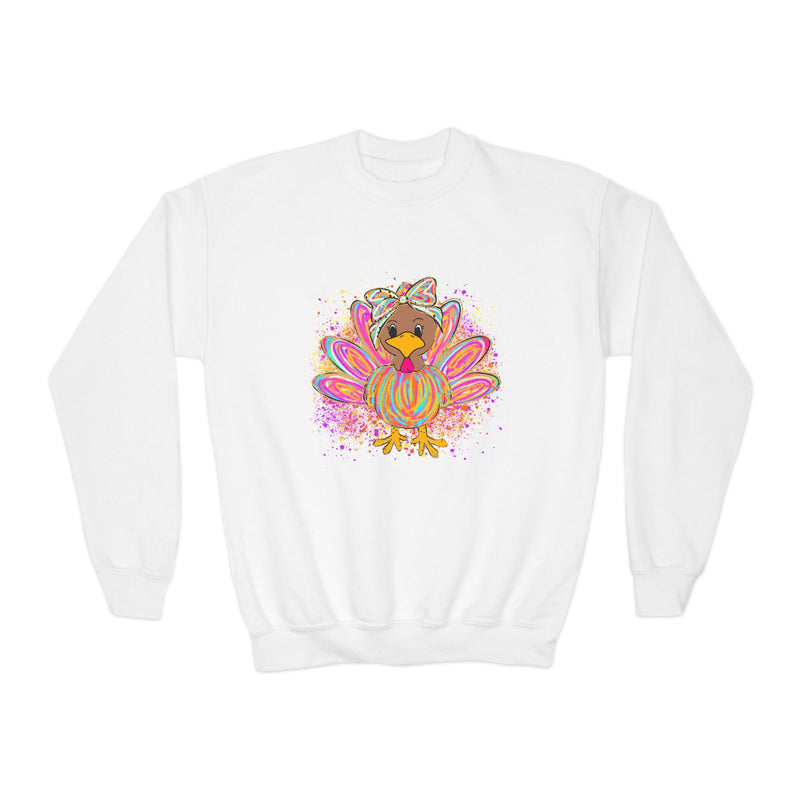 Youth Thanksgiving Crewneck Sweatshirt with Colorful Turkey Design Gildan