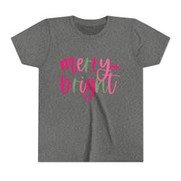 Merry & Bright Neon Pink Green Youth Tee, Bella Canvas Short Sleeve T-Shirt, Kids Gift, Festive Holiday Shirt, Christmas Outfit