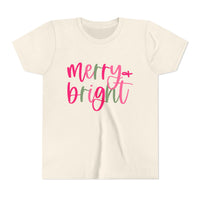 Merry & Bright Neon Pink Green Youth Tee, Bella Canvas Short Sleeve T-Shirt, Kids Gift, Festive Holiday Shirt, Christmas Outfit