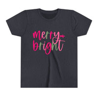 Merry & Bright Neon Pink Green Youth Tee, Bella Canvas Short Sleeve T-Shirt, Kids Gift, Festive Holiday Shirt, Christmas Outfit
