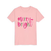 Merry & Bright Neon Pink Green Youth Tee, Bella Canvas Short Sleeve T-Shirt, Kids Gift, Festive Holiday Shirt, Christmas Outfit