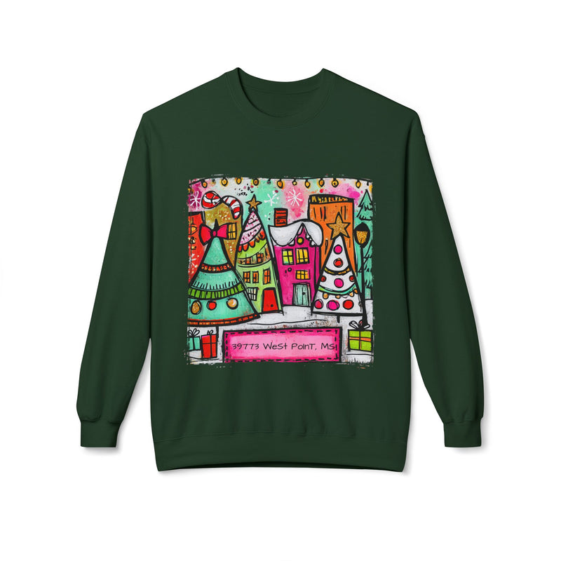 Festive Christmas Town with Customized Zip Code Gildan Fleece Crewneck Sweatshirt