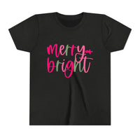 Merry & Bright Neon Pink Green Youth Tee, Bella Canvas Short Sleeve T-Shirt, Kids Gift, Festive Holiday Shirt, Christmas Outfit