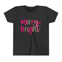 Merry & Bright Neon Pink Green Youth Tee, Bella Canvas Short Sleeve T-Shirt, Kids Gift, Festive Holiday Shirt, Christmas Outfit