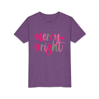 'Merry & Bright' Neon Pink & Green Bella Canvas Youth T-shirt for Christmas