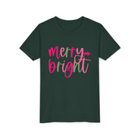 Merry & Bright Neon Pink Green Youth Tee, Bella Canvas Short Sleeve T-Shirt, Kids Gift, Festive Holiday Shirt, Christmas Outfit