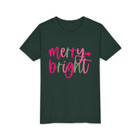 'Merry & Bright' Neon Pink & Green Bella Canvas Youth T-shirt for Christmas