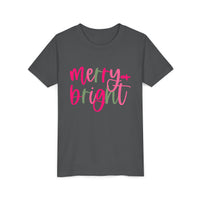 Merry & Bright Neon Pink Green Youth Tee, Bella Canvas Short Sleeve T-Shirt, Kids Gift, Festive Holiday Shirt, Christmas Outfit