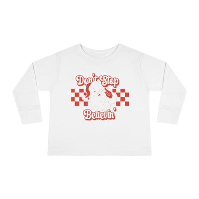 Bella Canvas Baby Long Sleeve T-shirt 'Don't Stop Believin' Red Santa Vintage, Christmas, Holiday, Festive