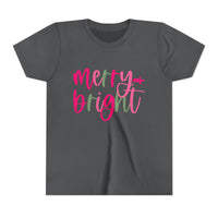 Merry & Bright Neon Pink Green Youth Tee, Bella Canvas Short Sleeve T-Shirt, Kids Gift, Festive Holiday Shirt, Christmas Outfit