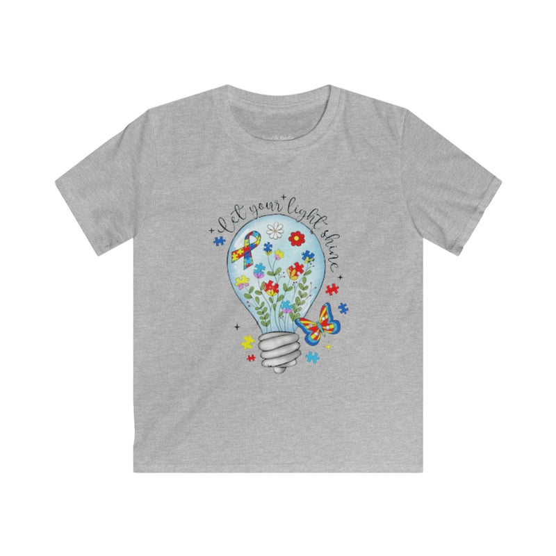 Kids Tee — “Let Your Light Shine” Lightbulb & Puzzle Heart Autism Awareness School Shirt