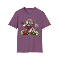 Bulldog Football T-Shirt — Cute Mascot with Scarf & 'Starkville, MS' Sign