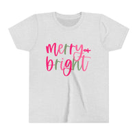 Merry & Bright Neon Pink Green Youth Tee, Bella Canvas Short Sleeve T-Shirt, Kids Gift, Festive Holiday Shirt, Christmas Outfit