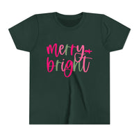 Merry & Bright Neon Pink Green Youth Tee, Bella Canvas Short Sleeve T-Shirt, Kids Gift, Festive Holiday Shirt, Christmas Outfit