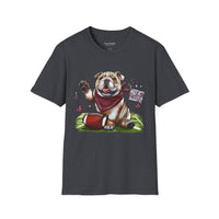Bulldog Football T-Shirt — Cute Mascot with Scarf & 'Starkville, MS' Sign