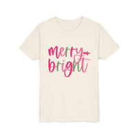 Merry & Bright Neon Pink Green Youth Tee, Bella Canvas Short Sleeve T-Shirt, Kids Gift, Festive Holiday Shirt, Christmas Outfit