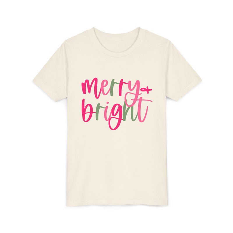 Merry & Bright Neon Pink Green Youth Tee, Bella Canvas Short Sleeve T-Shirt, Kids Gift, Festive Holiday Shirt, Christmas Outfit