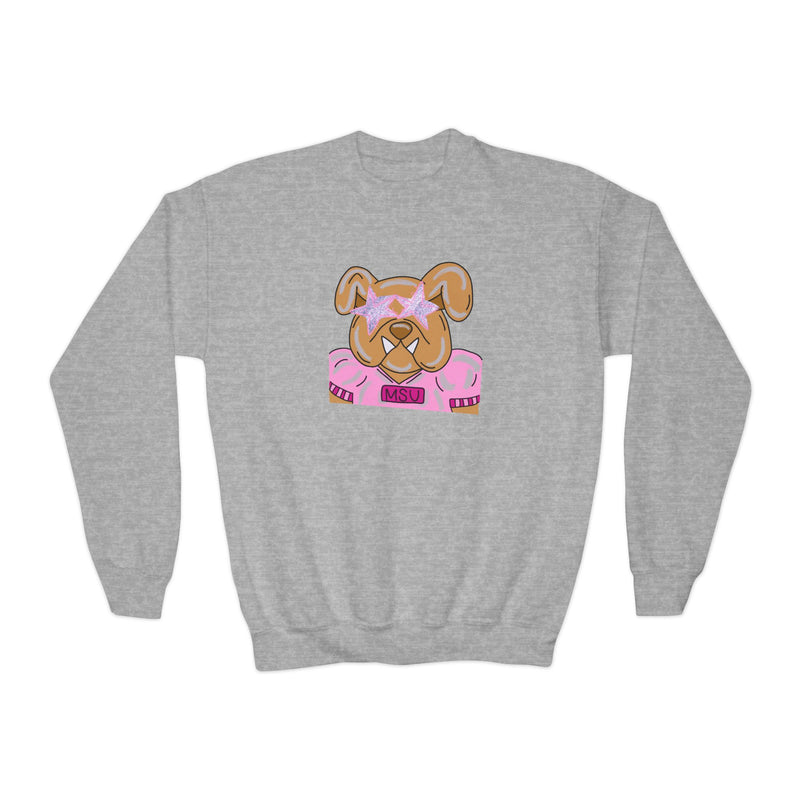 Bulldog with Pink Stars Gildan Youth Crewneck Sweatshirt