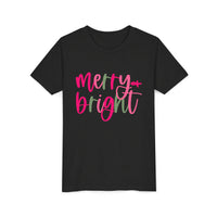 Merry & Bright Neon Pink Green Youth Tee, Bella Canvas Short Sleeve T-Shirt, Kids Gift, Festive Holiday Shirt, Christmas Outfit