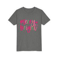 Merry & Bright Neon Pink Green Youth Tee, Bella Canvas Short Sleeve T-Shirt, Kids Gift, Festive Holiday Shirt, Christmas Outfit