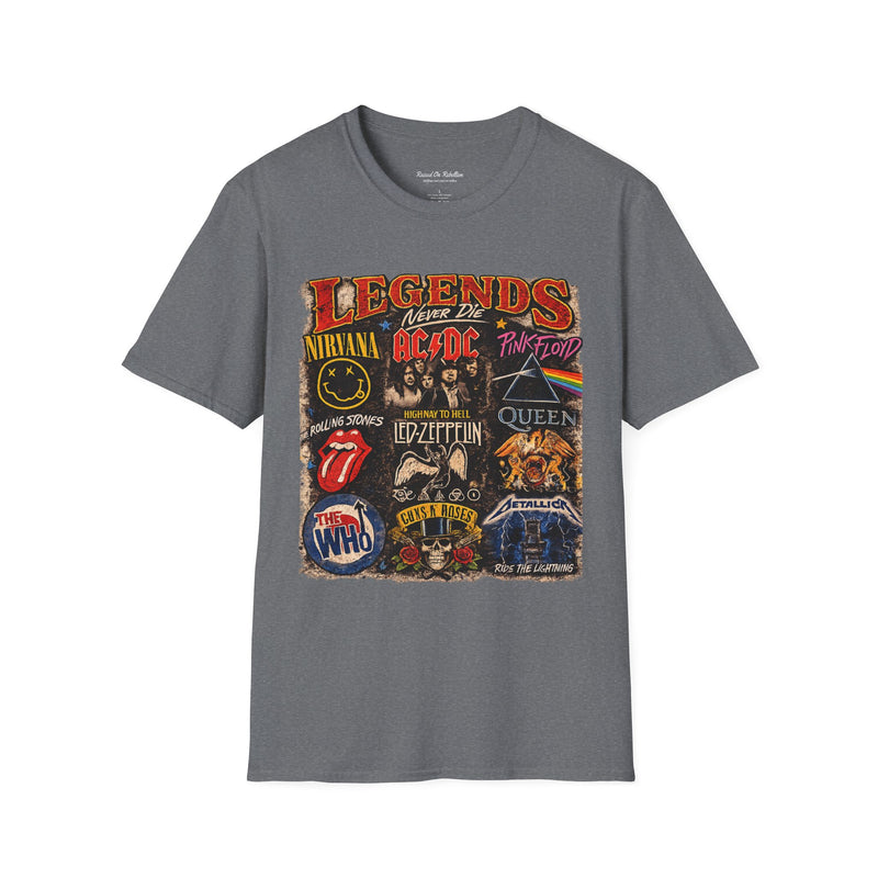 'Legends Never Die' Rock Bands Gildan Soft-style T-Shirt — Nirvana AC/DC Pink Floyd Queen Led Zeppelin Collage