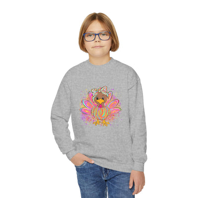 Neon Girly Turkey Thanksgiving Youth Crewneck Sweatshirt