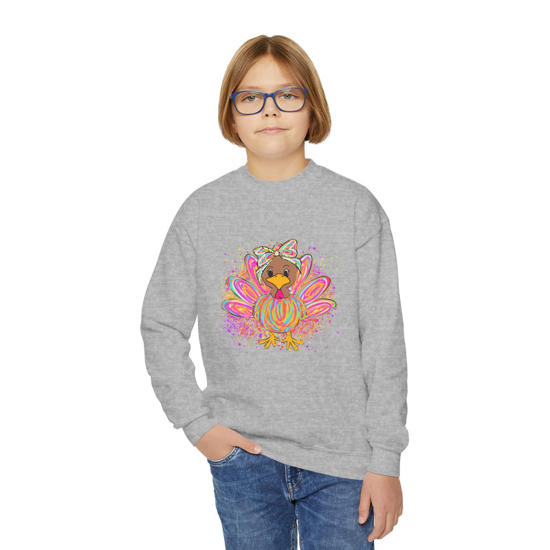 Neon Girly Turkey Thanksgiving Youth Crewneck Sweatshirt