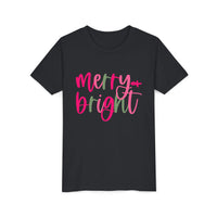 Merry & Bright Neon Pink Green Youth Tee, Bella Canvas Short Sleeve T-Shirt, Kids Gift, Festive Holiday Shirt, Christmas Outfit