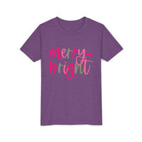 Merry & Bright Neon Pink Green Youth Tee, Bella Canvas Short Sleeve T-Shirt, Kids Gift, Festive Holiday Shirt, Christmas Outfit