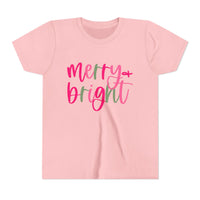 Merry & Bright Neon Pink Green Youth Tee, Bella Canvas Short Sleeve T-Shirt, Kids Gift, Festive Holiday Shirt, Christmas Outfit