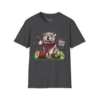 Bulldog Football T-Shirt — Cute Mascot with Scarf & 'Starkville, MS' Sign