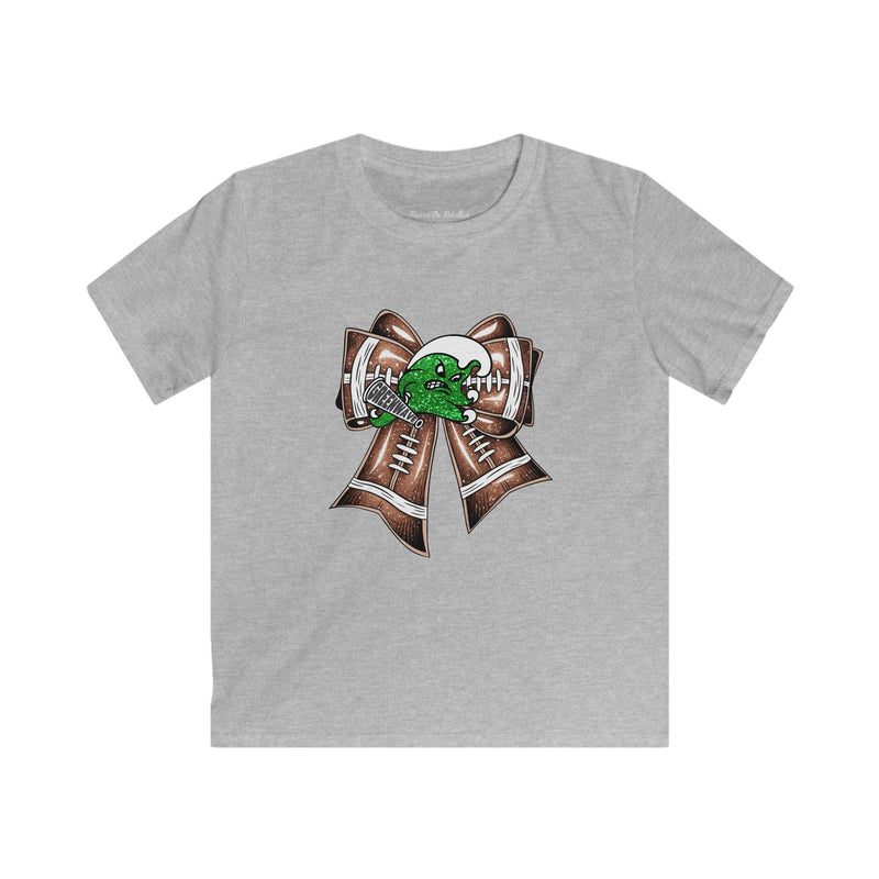 'Green Wave' Glitter Football Bow - Youth Gildan T-shirt