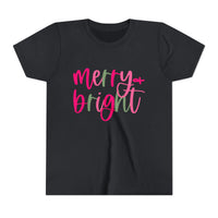 Merry & Bright Neon Pink Green Youth Tee, Bella Canvas Short Sleeve T-Shirt, Kids Gift, Festive Holiday Shirt, Christmas Outfit