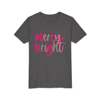 Merry & Bright Neon Pink Green Youth Tee, Bella Canvas Short Sleeve T-Shirt, Kids Gift, Festive Holiday Shirt, Christmas Outfit