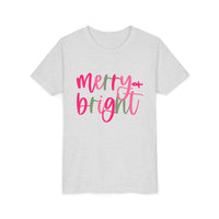 Merry & Bright Neon Pink Green Youth Tee, Bella Canvas Short Sleeve T-Shirt, Kids Gift, Festive Holiday Shirt, Christmas Outfit