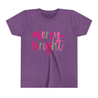 Merry & Bright Neon Pink Green Youth Tee, Bella Canvas Short Sleeve T-Shirt, Kids Gift, Festive Holiday Shirt, Christmas Outfit