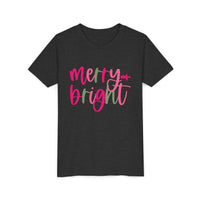 Merry & Bright Neon Pink Green Youth Tee, Bella Canvas Short Sleeve T-Shirt, Kids Gift, Festive Holiday Shirt, Christmas Outfit