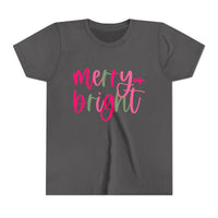 Merry & Bright Neon Pink Green Youth Tee, Bella Canvas Short Sleeve T-Shirt, Kids Gift, Festive Holiday Shirt, Christmas Outfit
