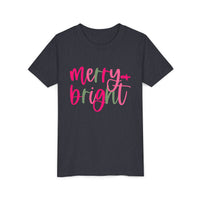 Merry & Bright Neon Pink Green Youth Tee, Bella Canvas Short Sleeve T-Shirt, Kids Gift, Festive Holiday Shirt, Christmas Outfit