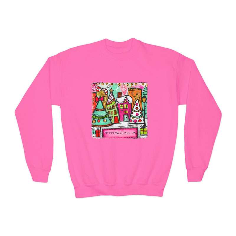Red Festive Christmas Town with Customized Zip Code Gildan Youth Crewneck Sweatshirt