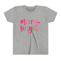 Merry & Bright Neon Pink Green Youth Tee, Bella Canvas Short Sleeve T-Shirt, Kids Gift, Festive Holiday Shirt, Christmas Outfit