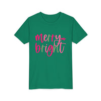 Merry & Bright Neon Pink Green Youth Tee, Bella Canvas Short Sleeve T-Shirt, Kids Gift, Festive Holiday Shirt, Christmas Outfit