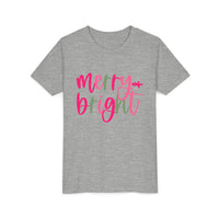 Merry & Bright Neon Pink Green Youth Tee, Bella Canvas Short Sleeve T-Shirt, Kids Gift, Festive Holiday Shirt, Christmas Outfit