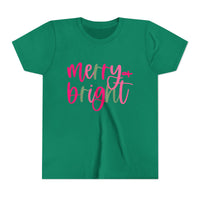 Merry & Bright Neon Pink Green Youth Tee, Bella Canvas Short Sleeve T-Shirt, Kids Gift, Festive Holiday Shirt, Christmas Outfit