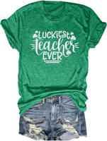 Luckiest Teacher Ever Shirt Women St Patricks Day T-Shirt Funny Teacher Gift Tee Causal Short Sleeve Tops Green