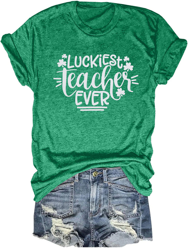 Luckiest Teacher Ever Shirt Women St Patricks Day T-Shirt Funny Teacher Gift Tee Causal Short Sleeve Tops Green