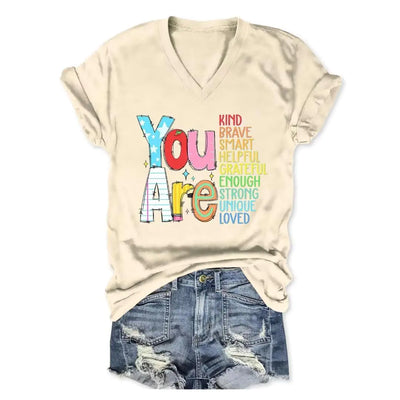 UFDOUM Teacher Shirts Women You are Kind Brave Smart V Neck Graphic Tees First Day Back to School Motivation Teacher T-Shirt Beige