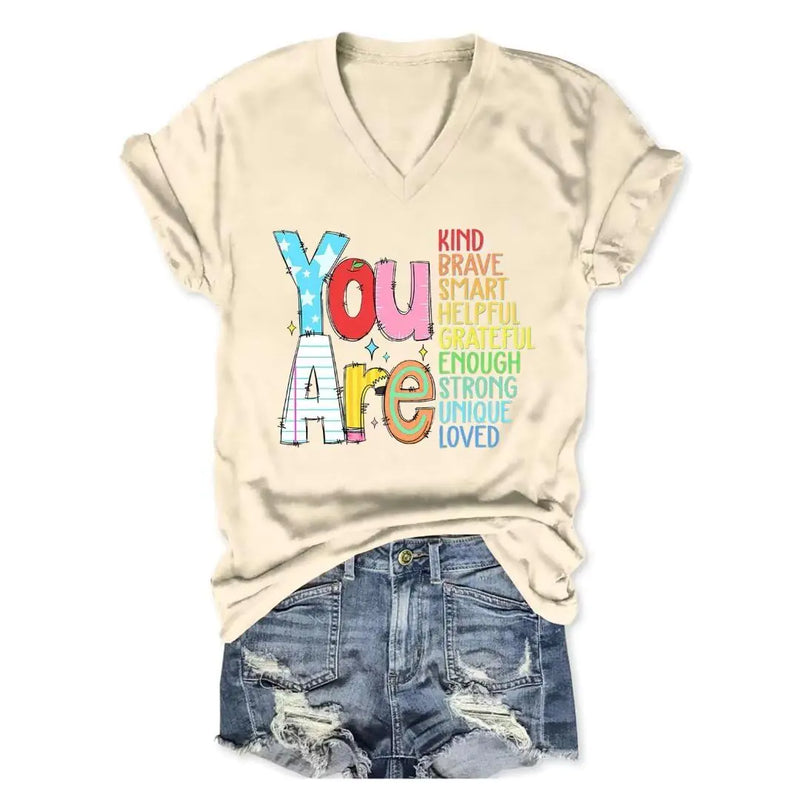 UFDOUM Teacher Shirts Women You are Kind Brave Smart V Neck Graphic Tees First Day Back to School Motivation Teacher T-Shirt Beige